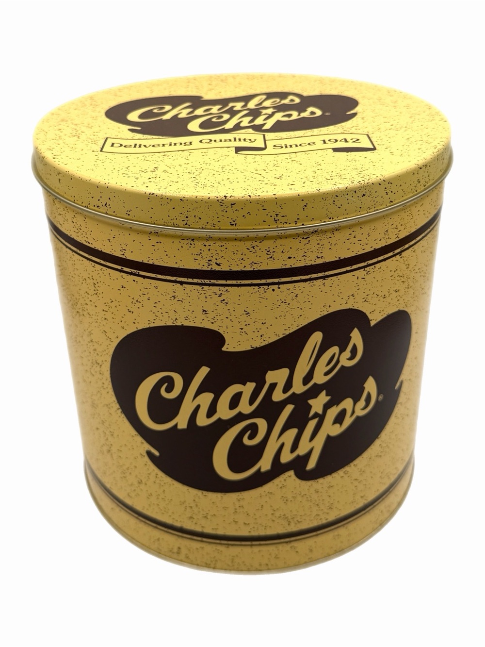 Charles Chips 16oz Original Potato Chips Yellow Speckled Steel Tin Canister & Li